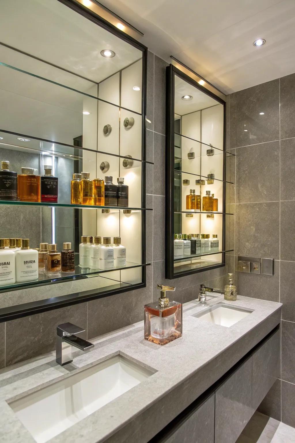 Mirrored shelves creating a fashionable and reflective presentation for your prized perfumes.