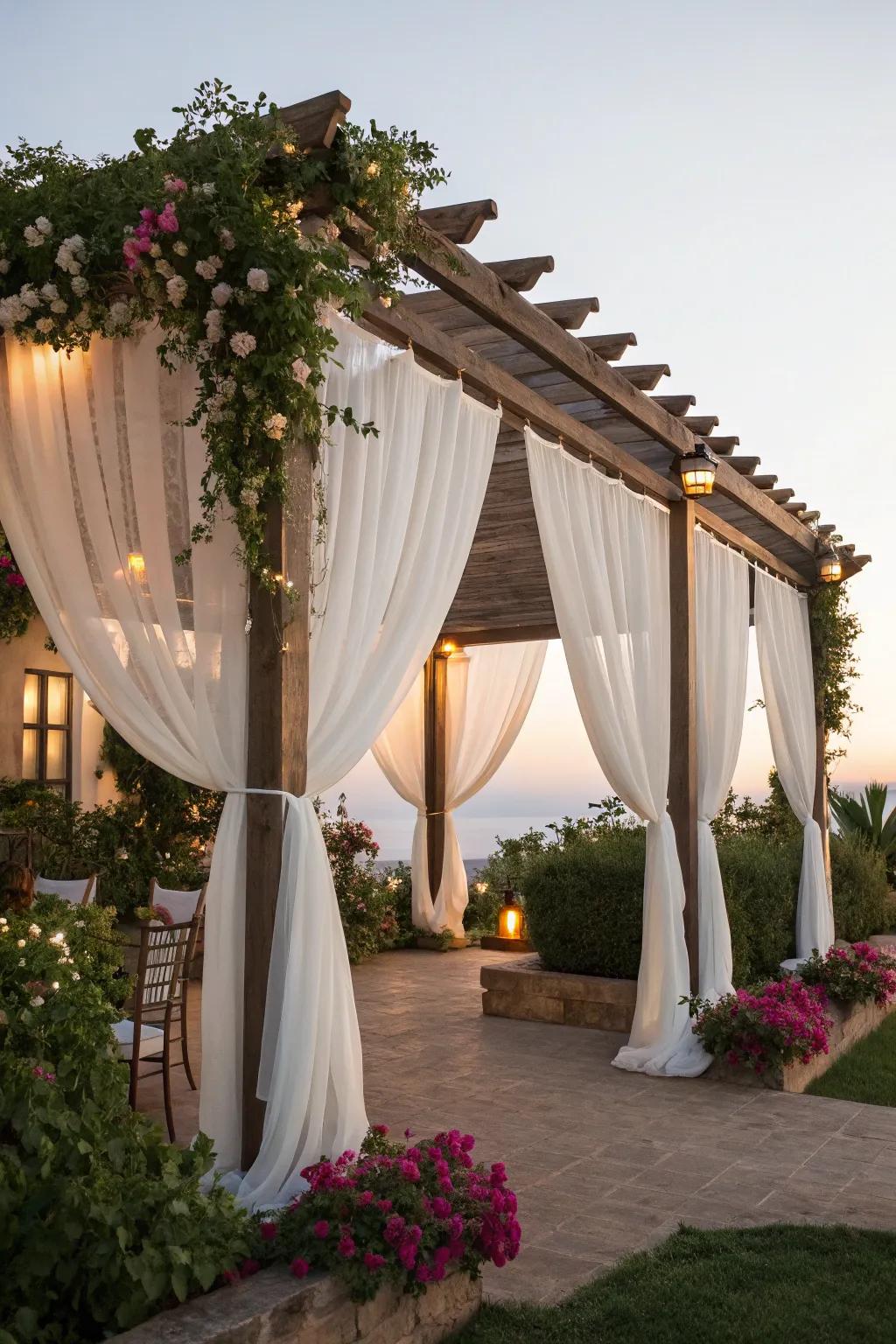 Flowing drapes contribute elegance and seclusion to your pergola space.