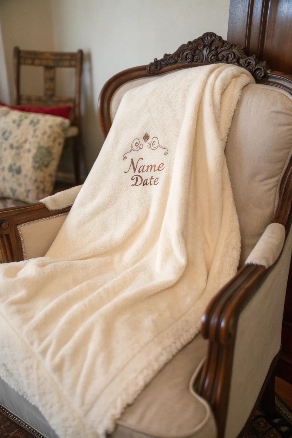 A gentle blanket with elegant stitching of names and dates, just right for celebrating special times.