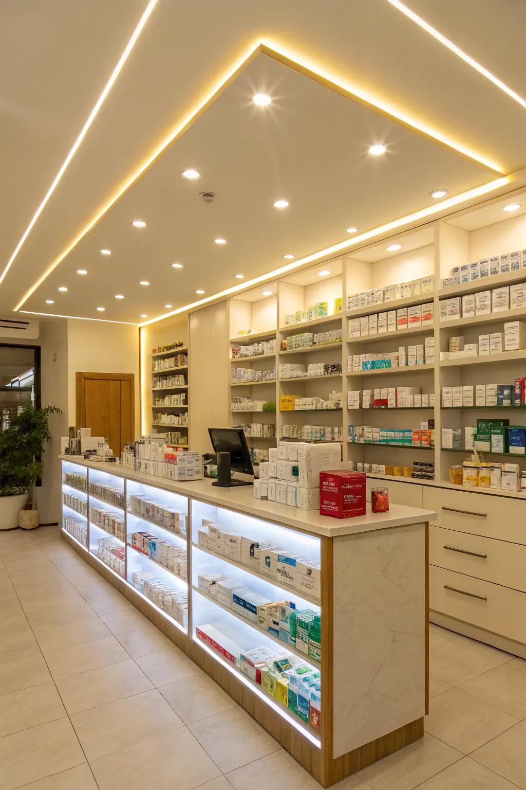 Bright LED lighting enhancing the pharmacy's ambiance
