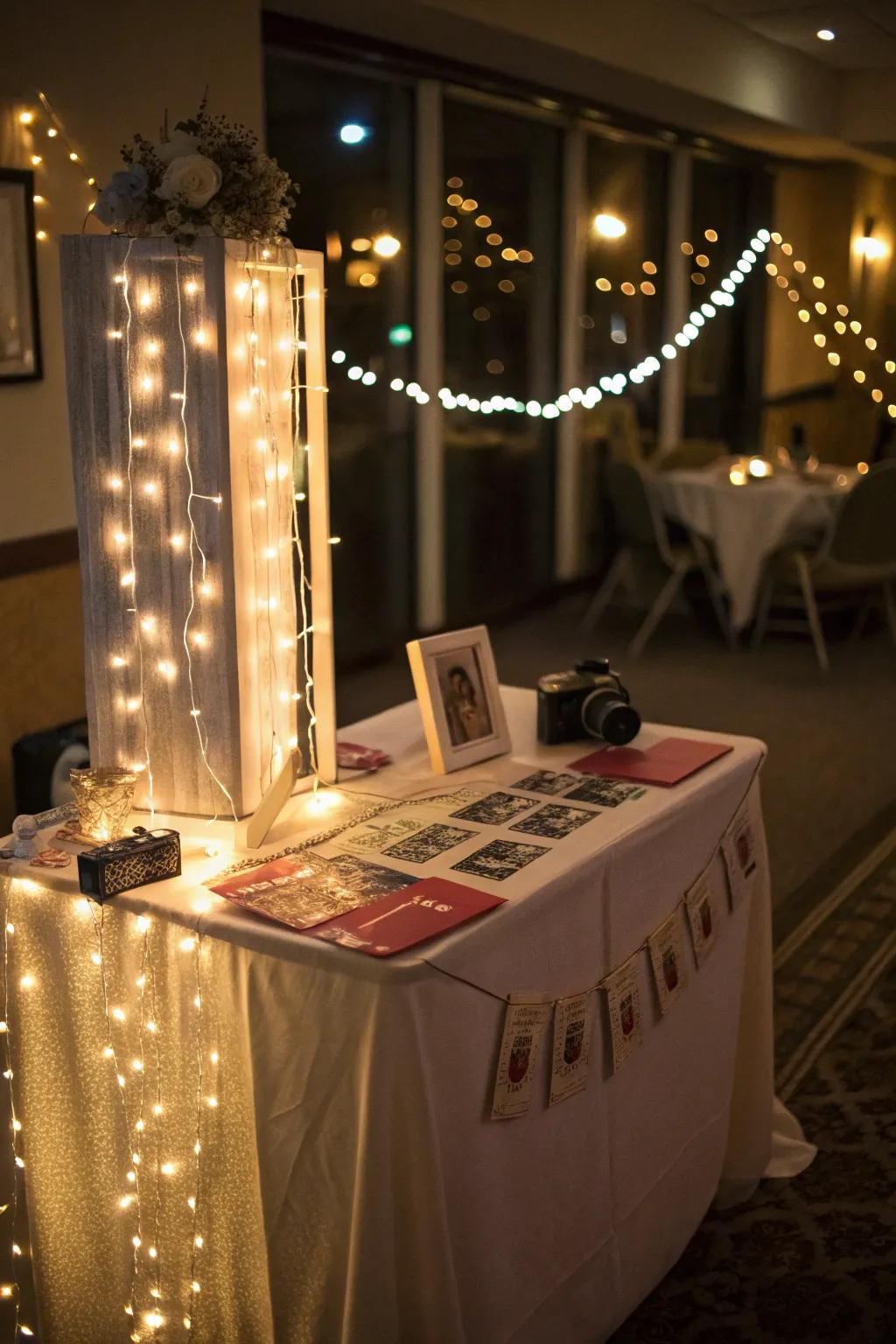Tiny glowing strands bring an enchanting touch to your photo booth table.