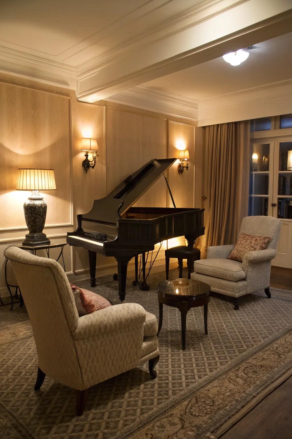 A cozy nook invites guests to enjoy the music in comfort.
