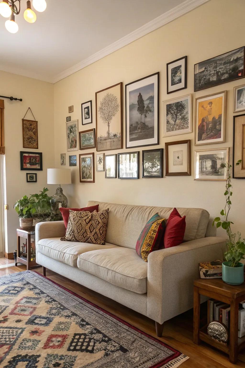 Mixing border styles gives an eclectic touch to your living room.