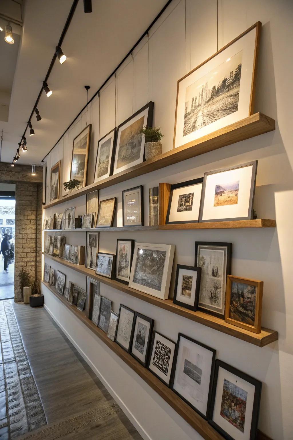 Gallery wall featuring stacked picture ledges for a layered effect.