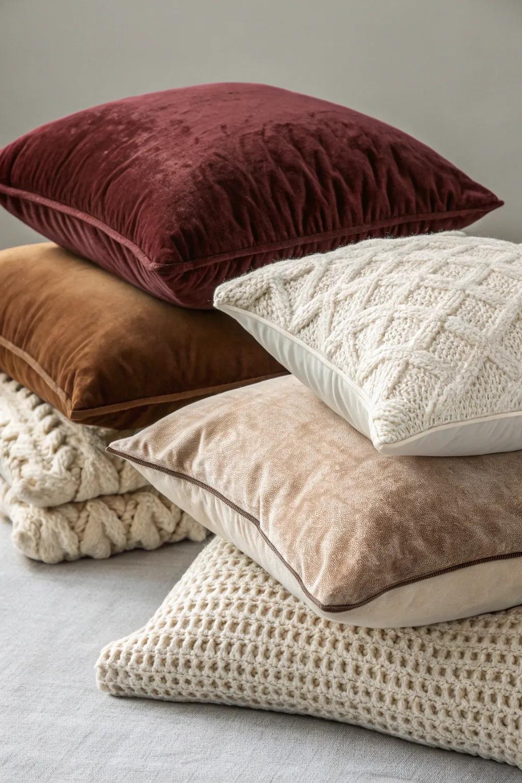 A variety of cushions showcasing diverse textures for enriched depth.