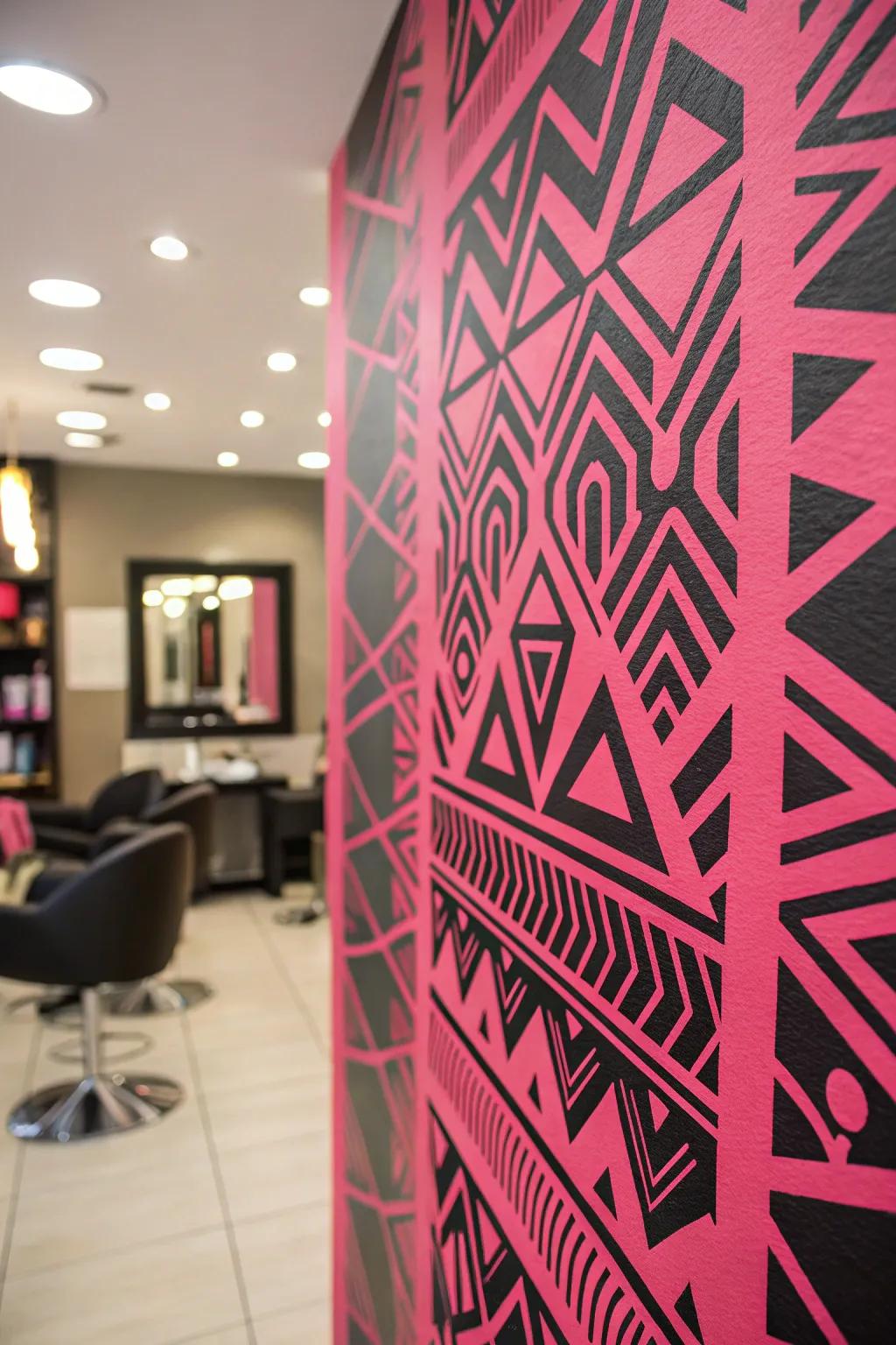 Vivid rose and dark designs make a vibrant salon environment.