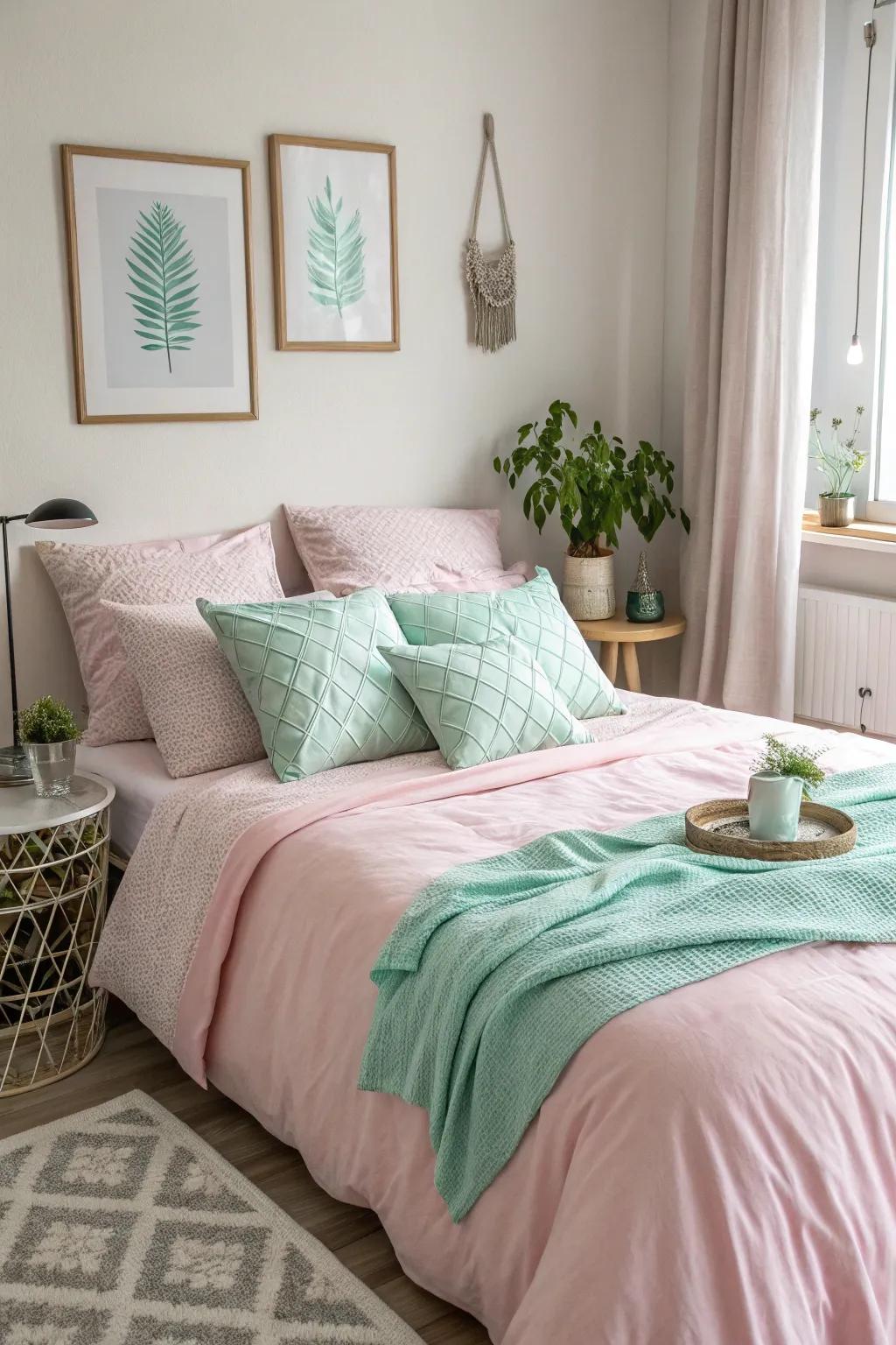 A gentle palette of pink and green crafts a serene and harmonious bedroom ambiance.