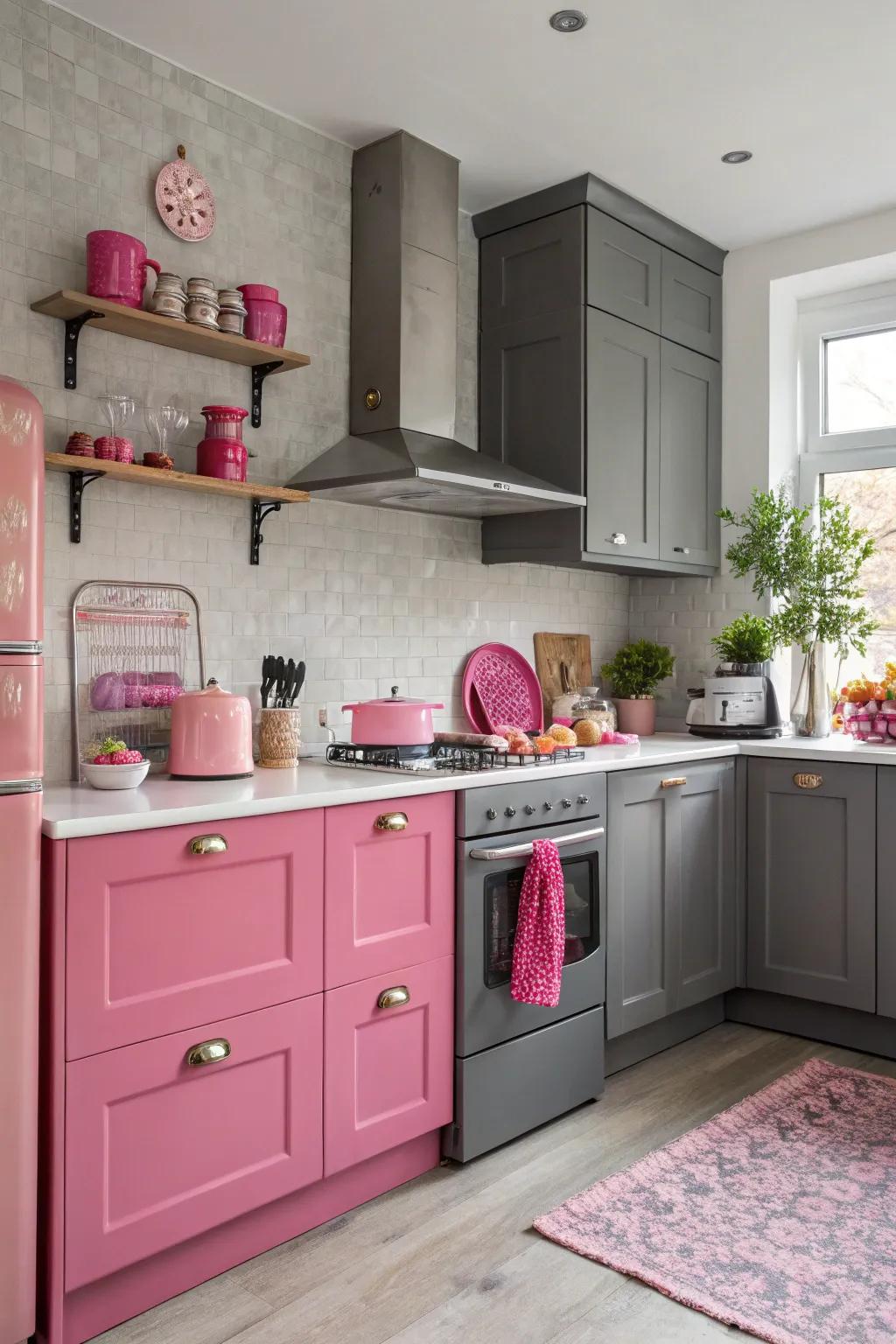 Stunning, vibrant pink accents elegantly set within a grey kitchen.