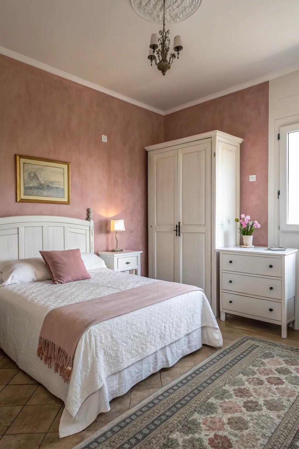 Delicate rose walls merged with bright furniture provide a tranquil getaway.