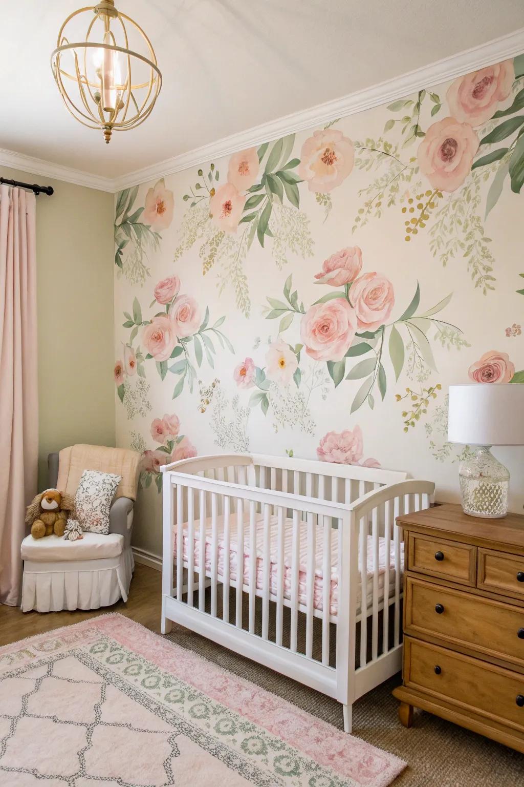 A floral accent wall enriches the nursery decor with an appealing element.