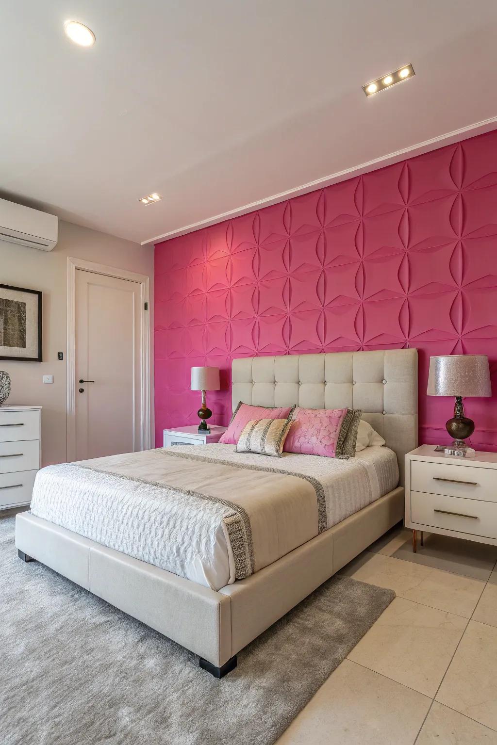 A vibrant pink feature wall perfectly complements the contemporary design of this bedroom.