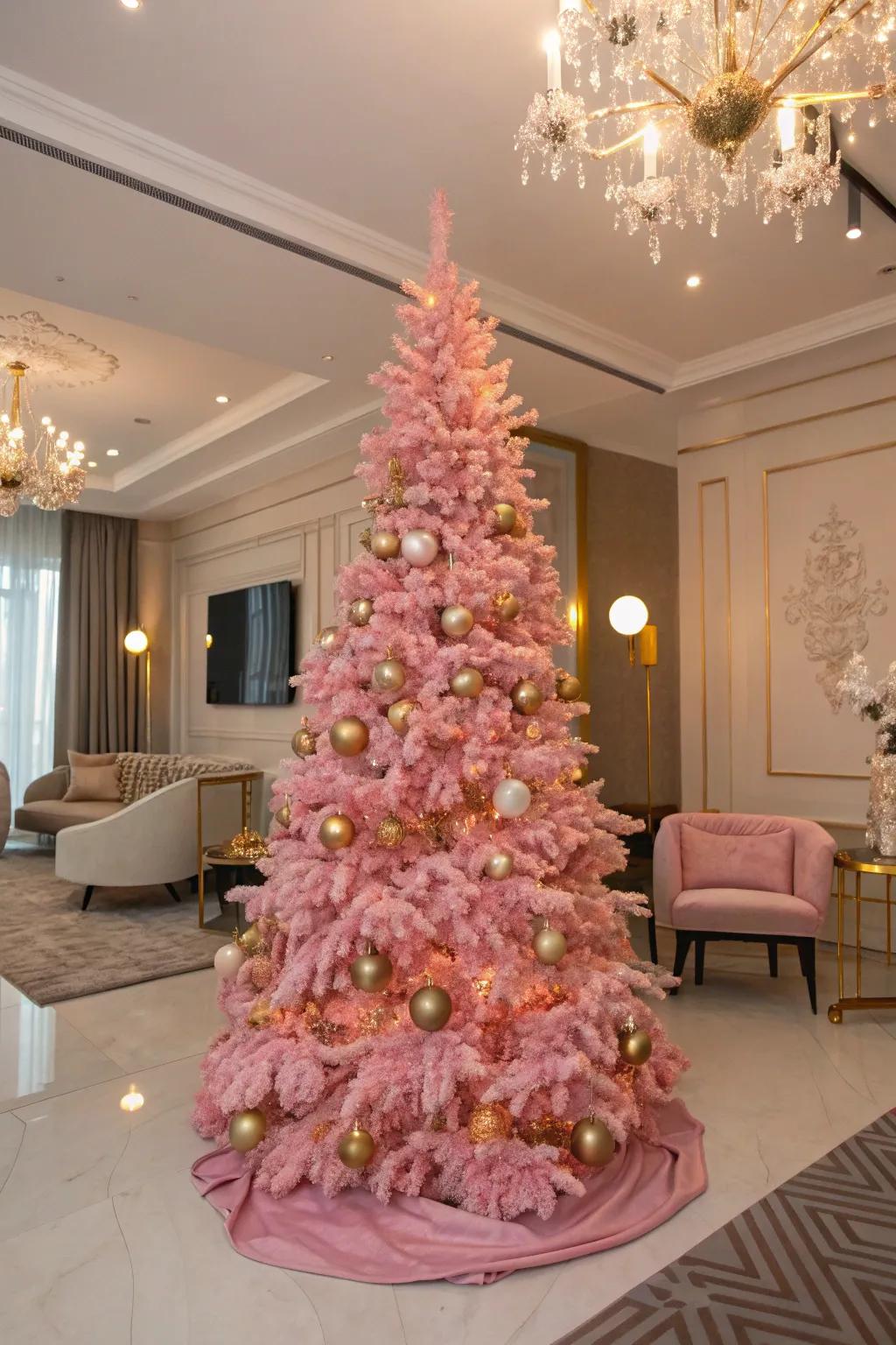 Gilded accents amplify the sophistication of a rose Christmas fir.