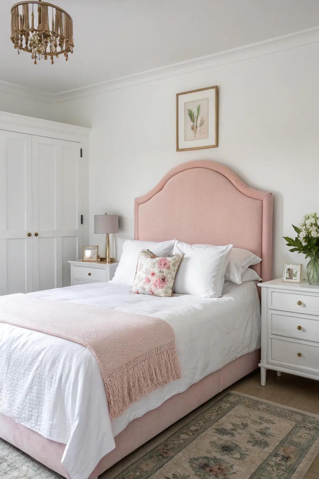 A tranquil bedroom enhanced by a soft pastel pink headboard.