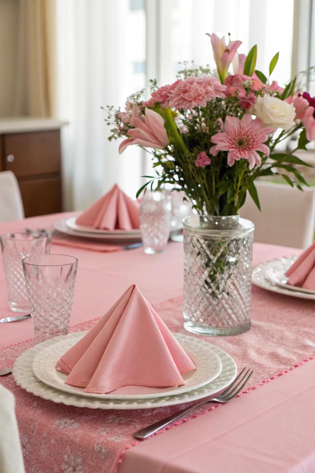 Roseate table arrangements featuring floral centerpieces offer a sophisticated dining atmosphere.
