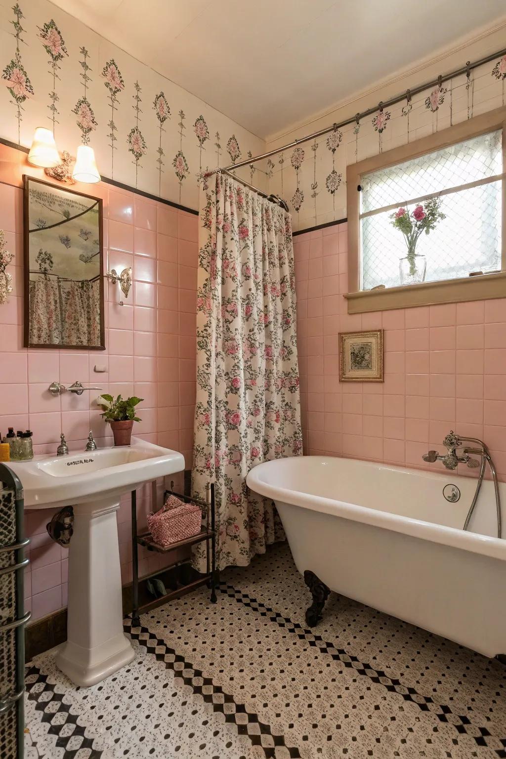 A nostalgically styled bathroom showcasing captivating rosy tiles.