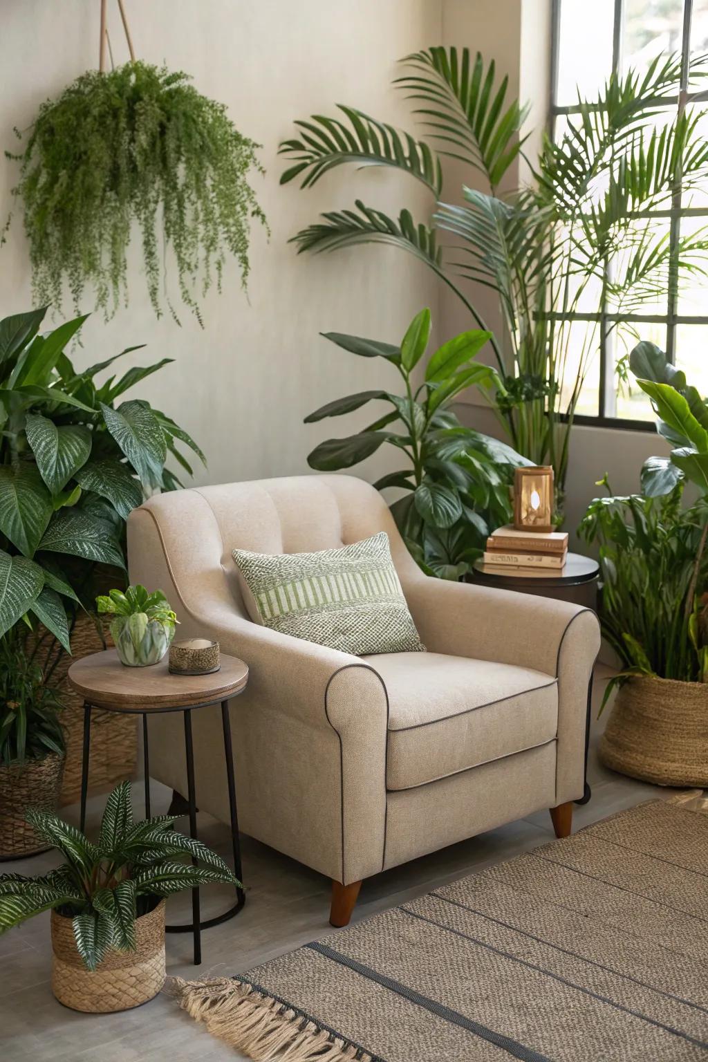 A comfortable, plant-abundant lounge spot for relaxation.