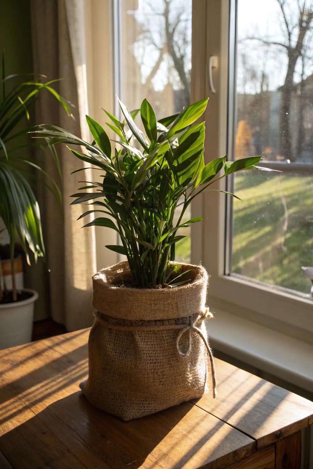 Hessian wraps give an organic appeal to indoor plants.