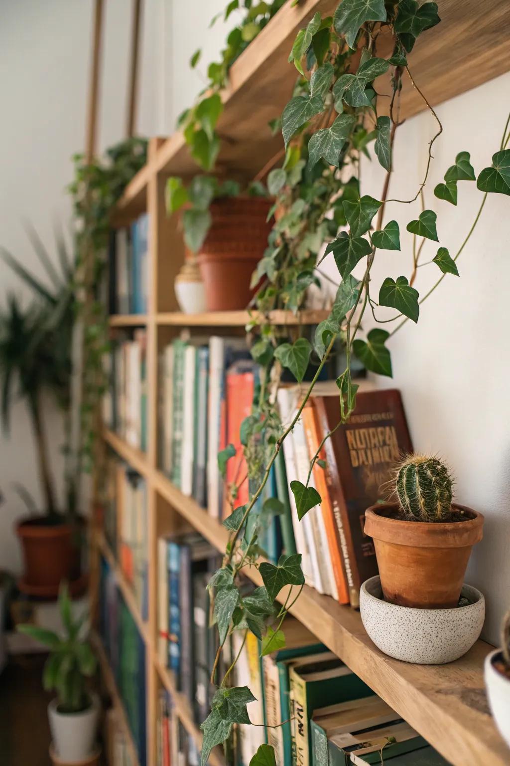 Invigorate bookshelves with plants and tomes.