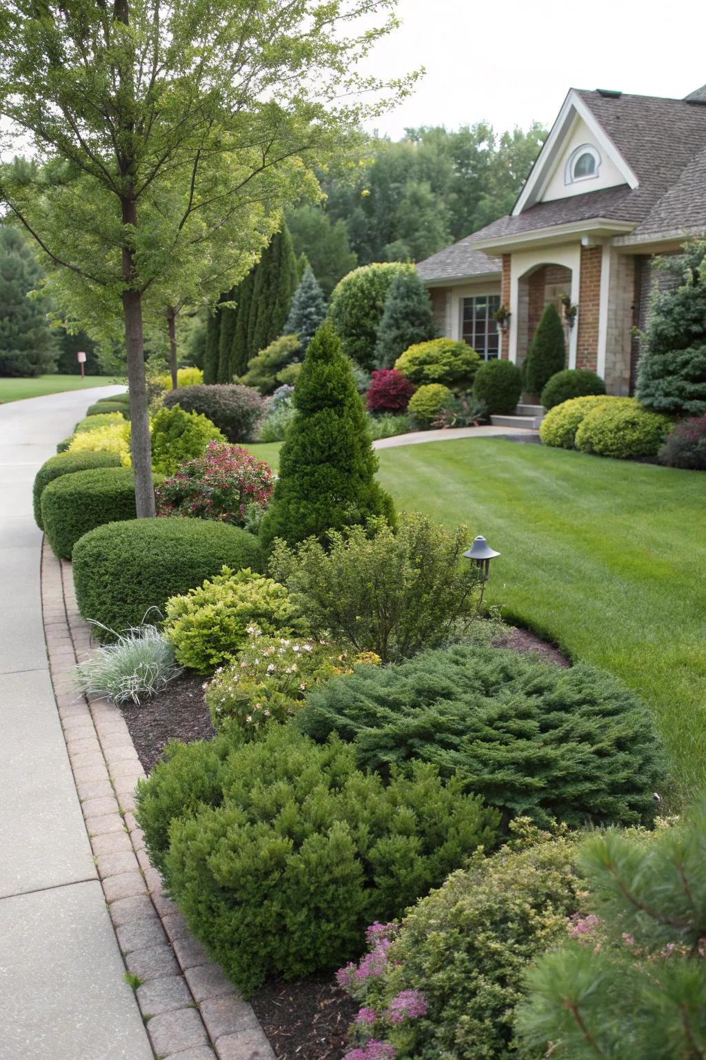 Varied bush heights enhance the yard's depth.