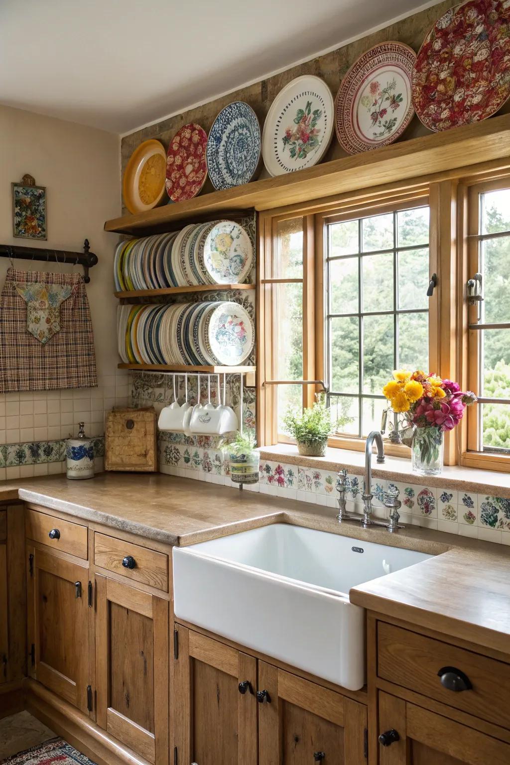 A lovely kitchen exhibiting a functional plate rail