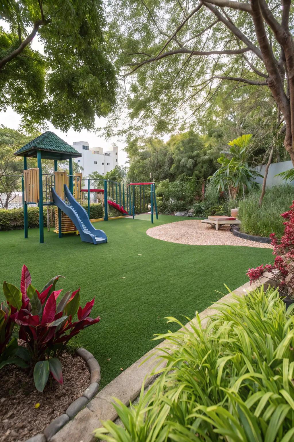 Synthetic lawn offers a lush, easy-care playground surface.