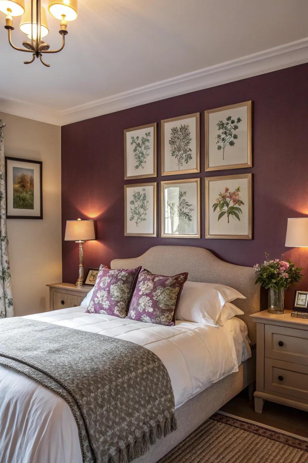 A stunning plum feature wall elevates the room, showcasing its innate style.