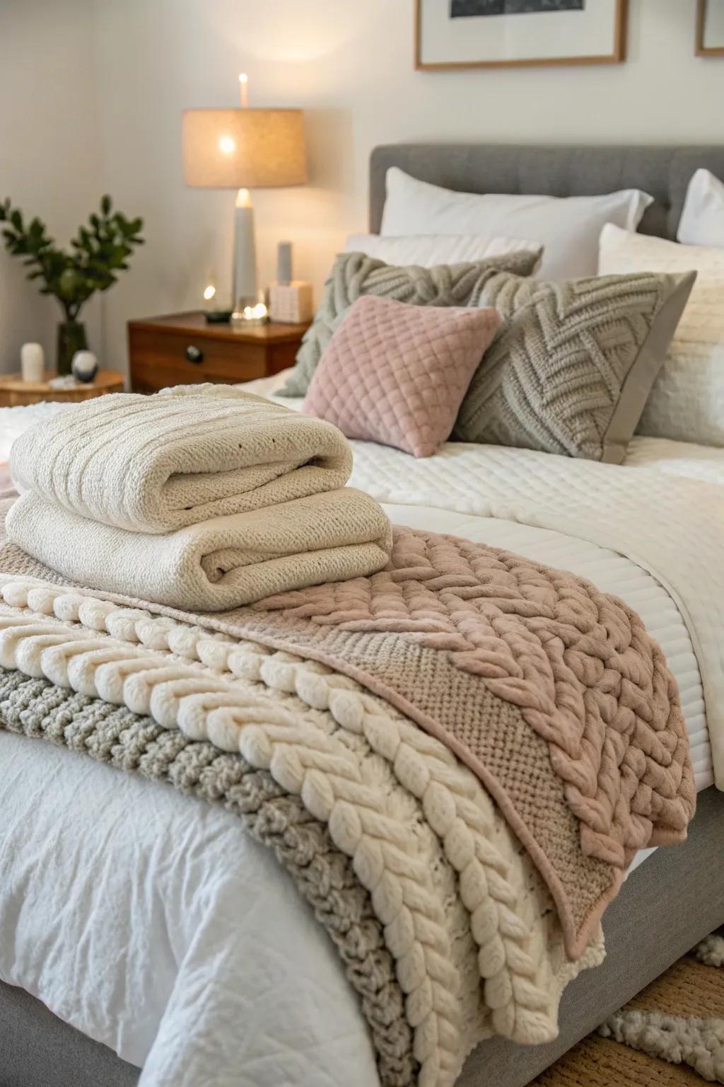 Layered bedding transforms a bed into a plush sanctuary.