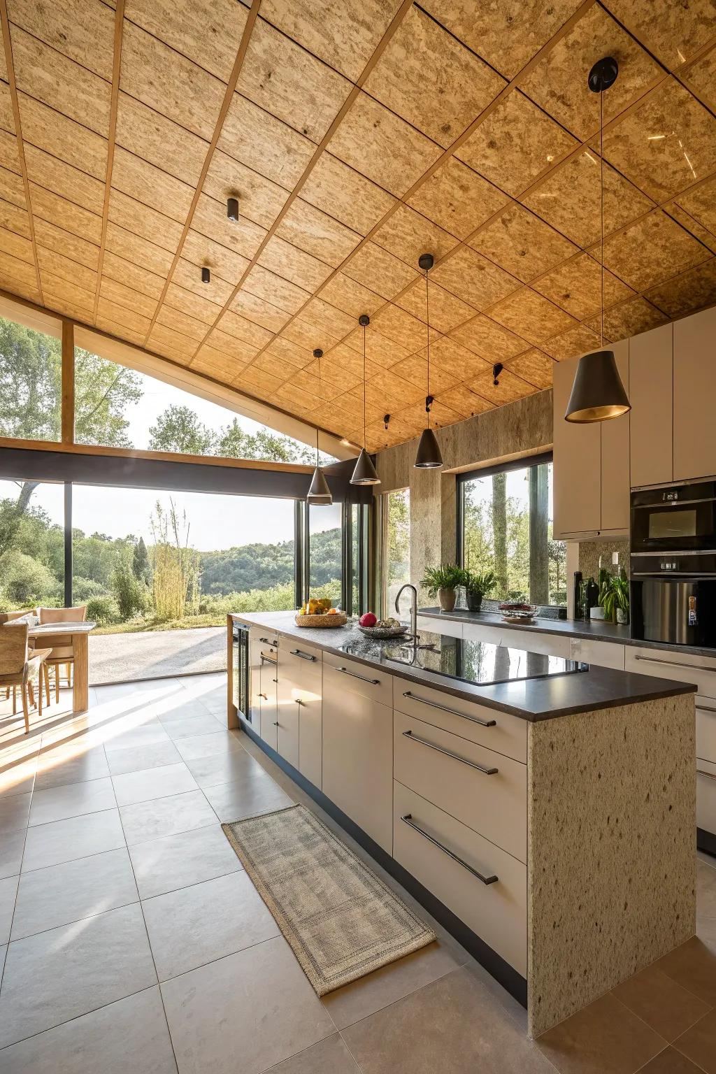 An open kitchen where the plywood ceiling enhances the space's charm and cohesion.