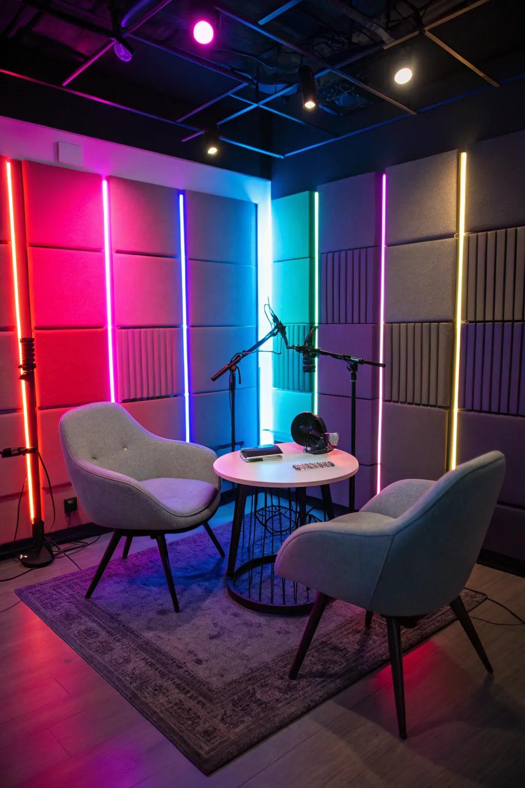 An inviting podcast arrangement featuring colorful lighting.