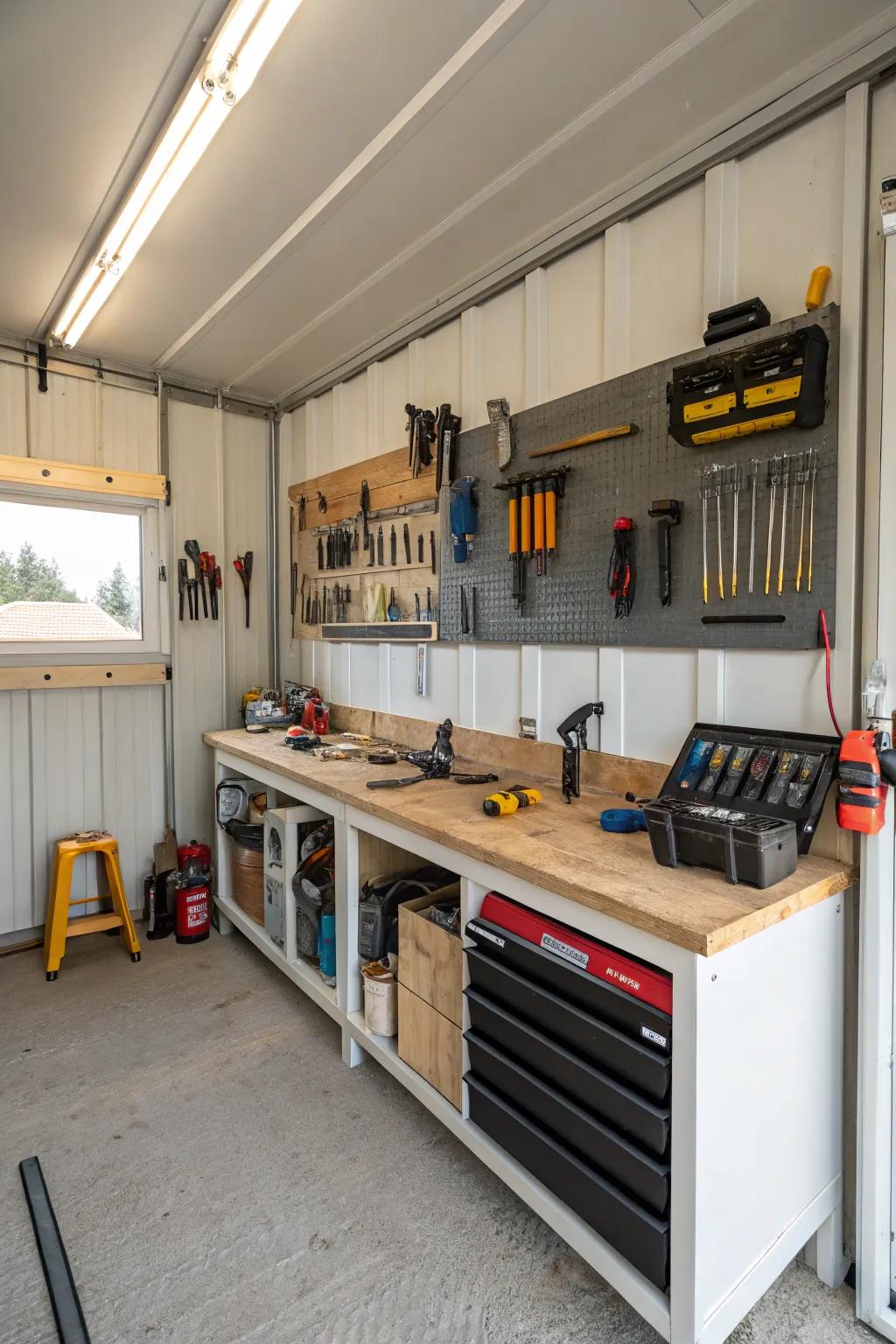 An orderly workshop inside a pole barn featuring neatly organized equipment.