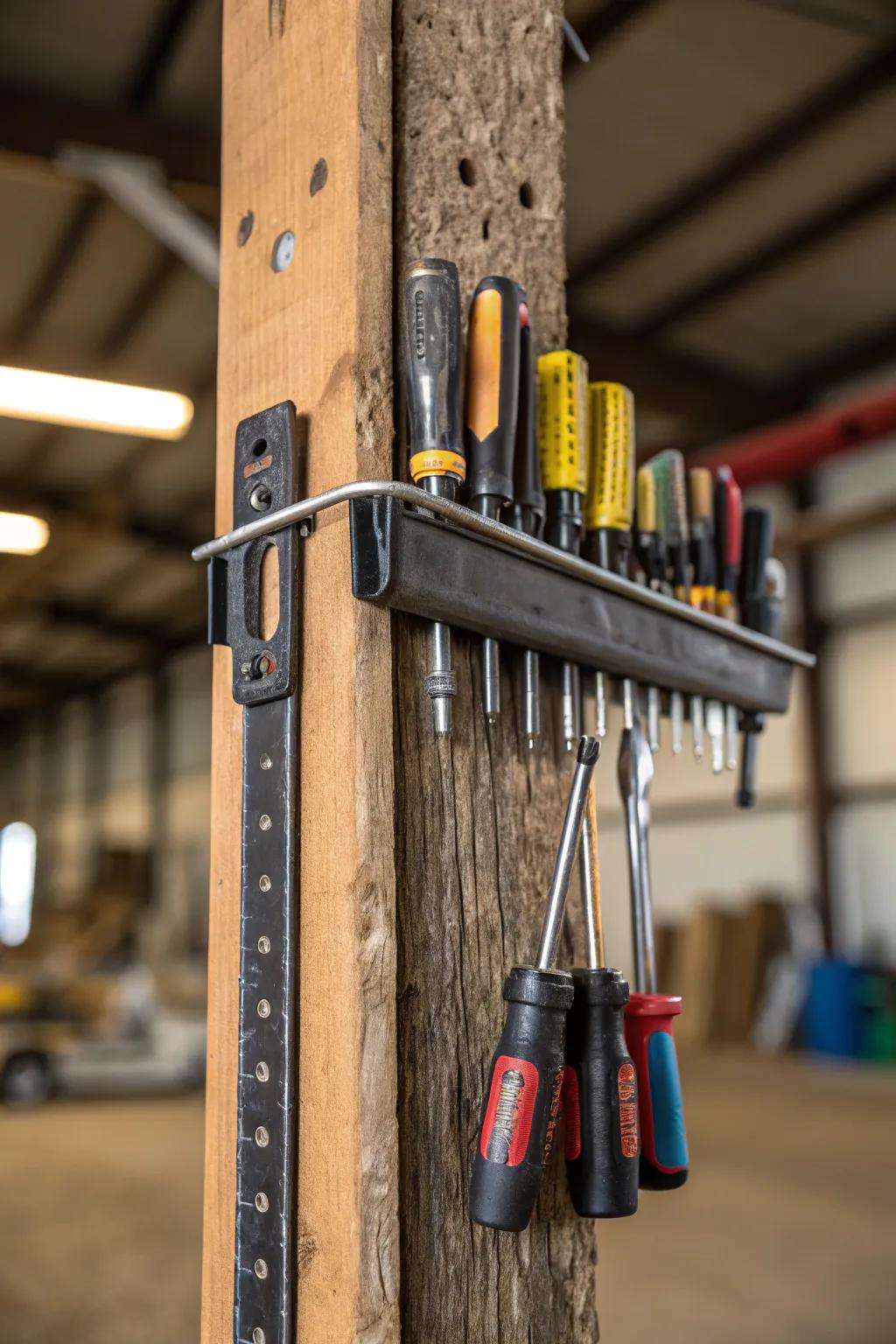 A magnetic strip simplifies tool storage and keeps tools accessible.