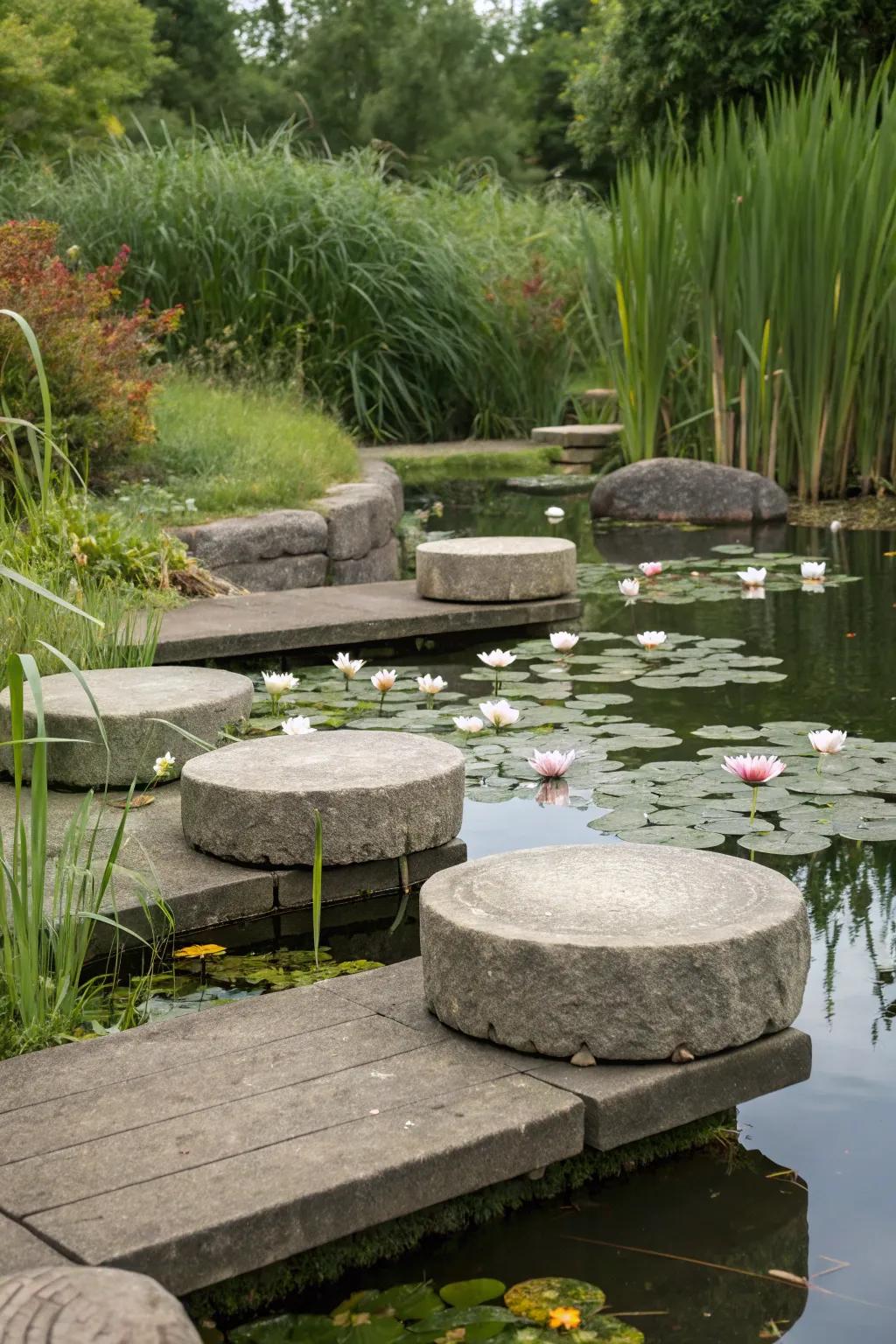 Stone seating naturally harmonizes with the pond's surroundings.