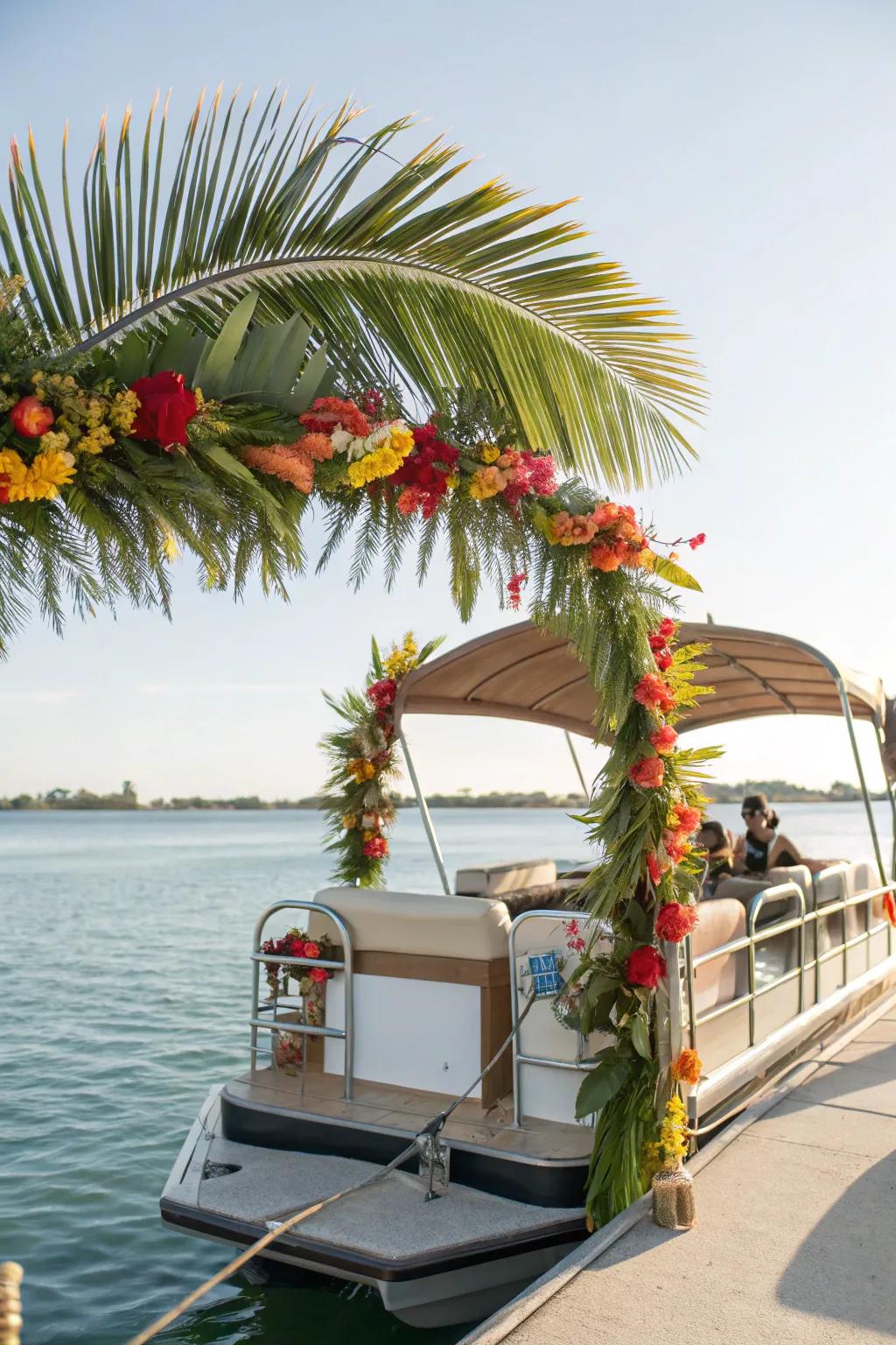A pontoon boat themed as an exotic destination, abundant with lush vegetation and vivid blooms.