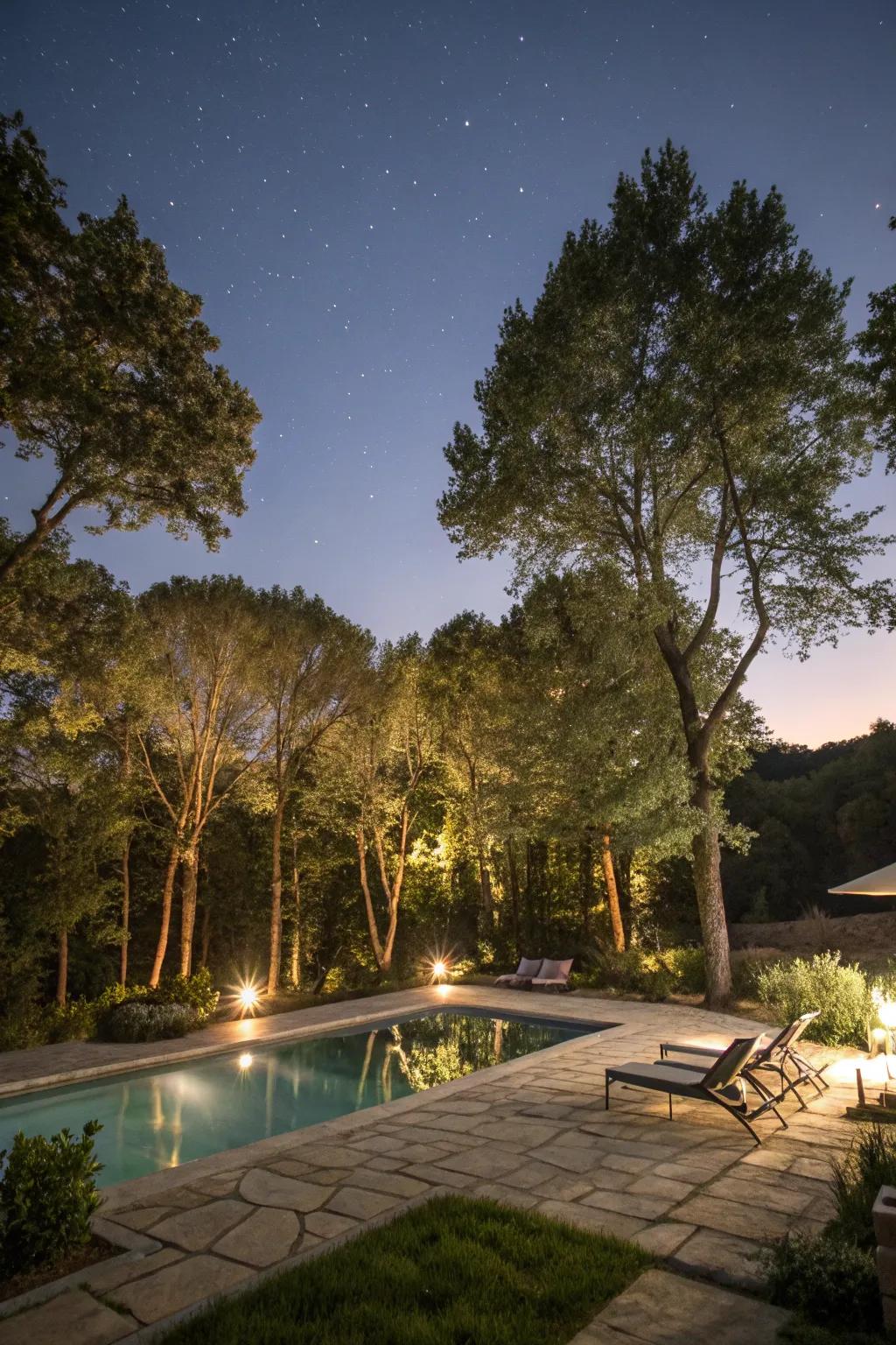 Forge a peaceful atmosphere by employing uplighting on adjacent trees.