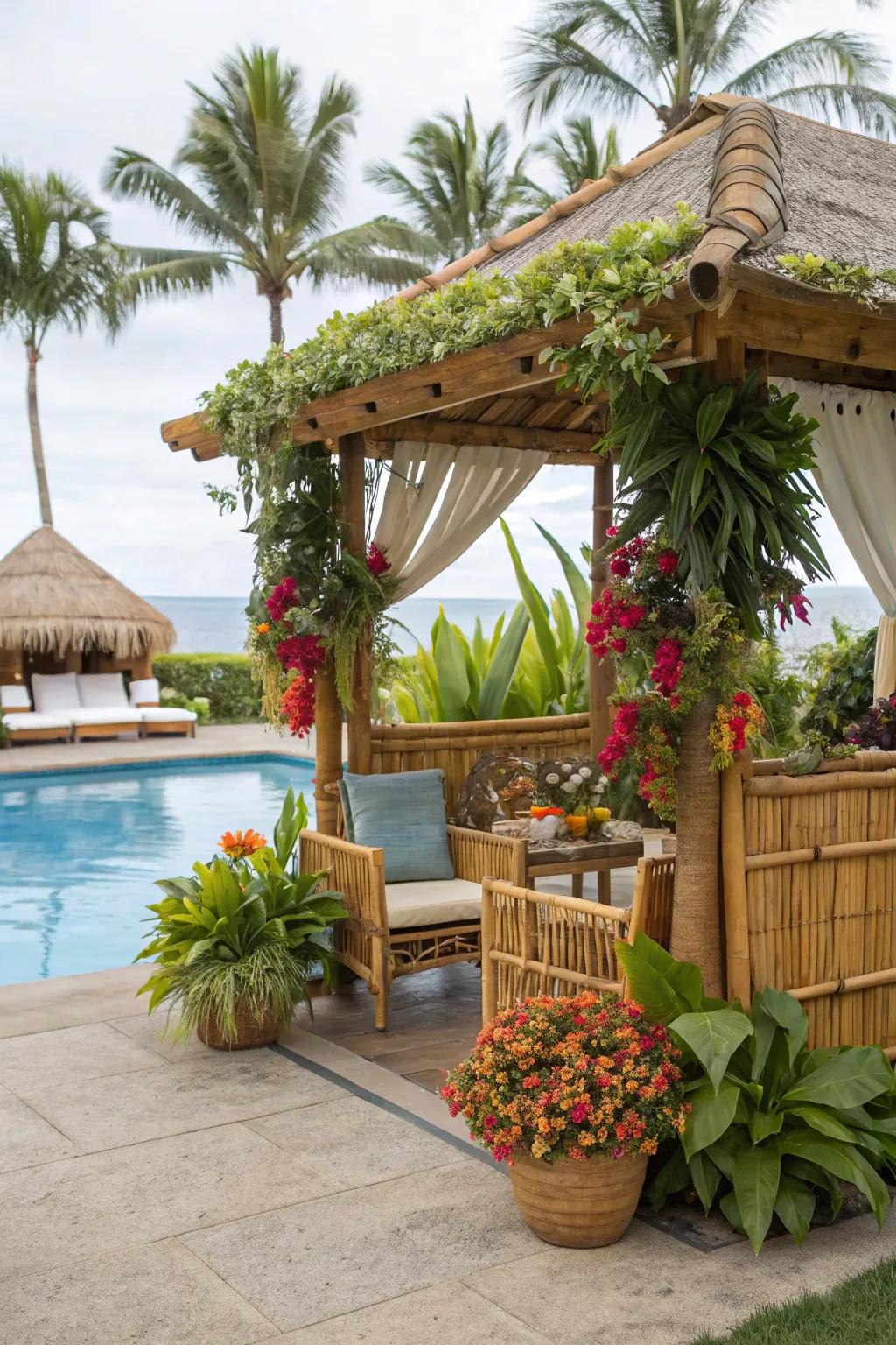 An exotic-themed cabana embraced by rich flora.