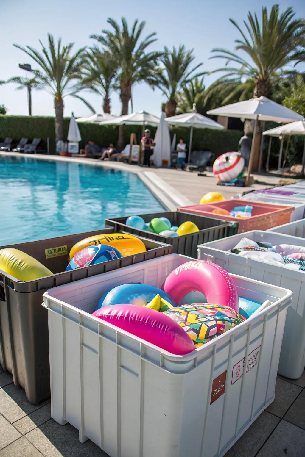 Expansive storage bins uphold organized and dry pool floats.