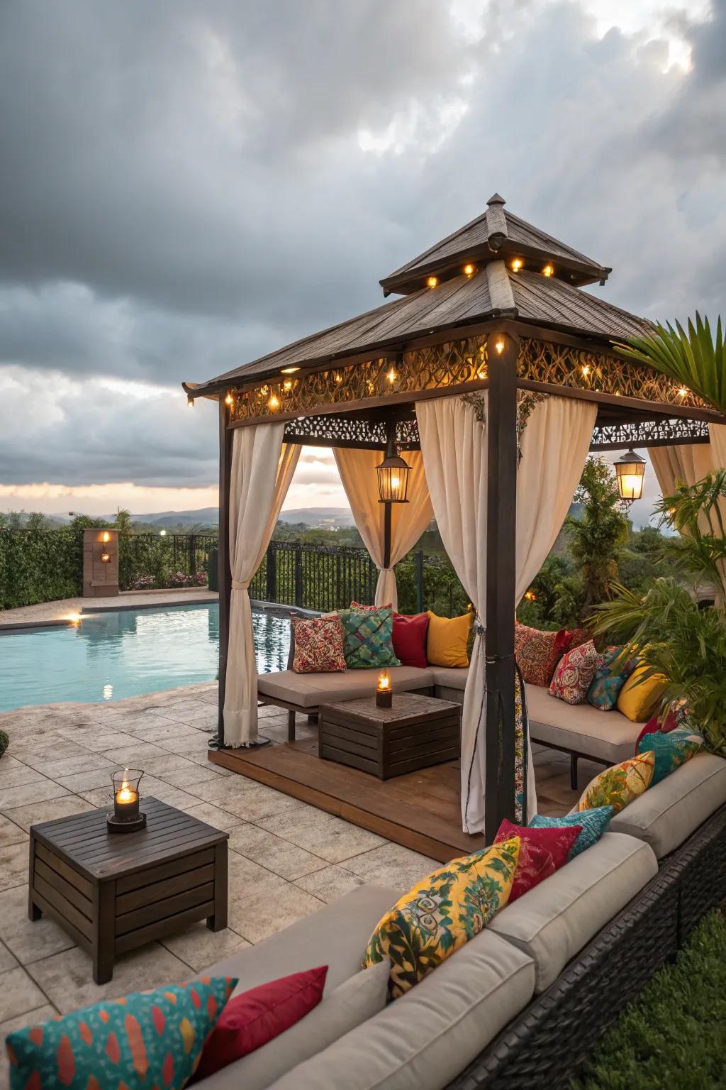An inviting seating spot ideal for lounging near the pool.