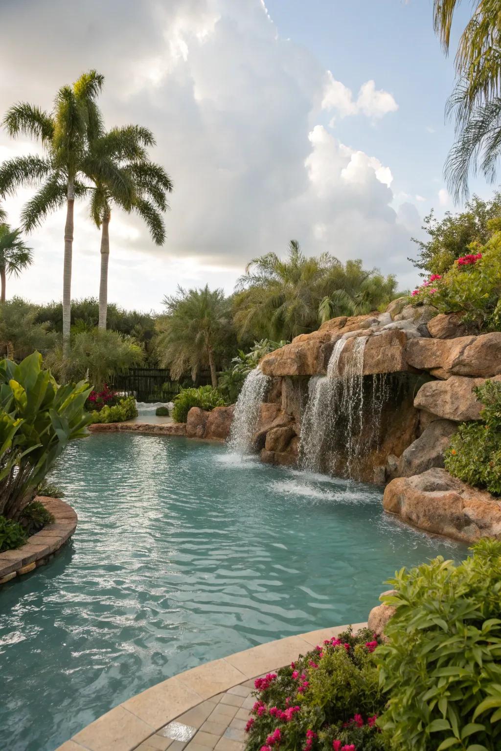 Enhance your pool ambiance with the calming sounds of a cascading waterfall.