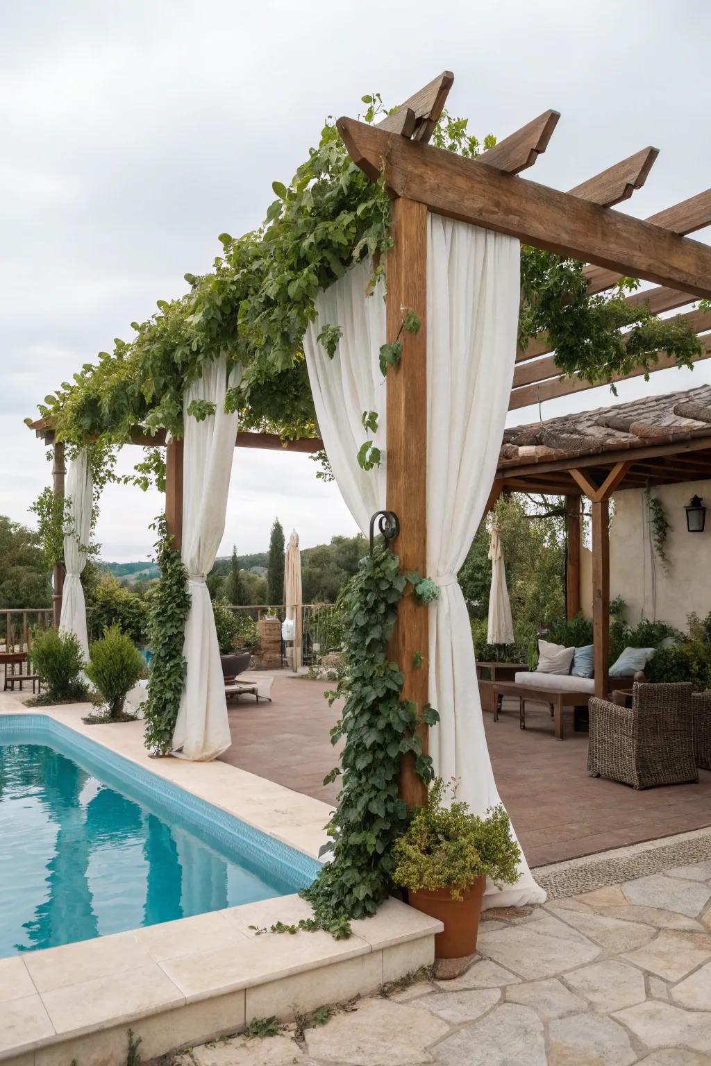 Elevate your poolside with an exquisitely draped overhead structure, offering shade and sophistication.