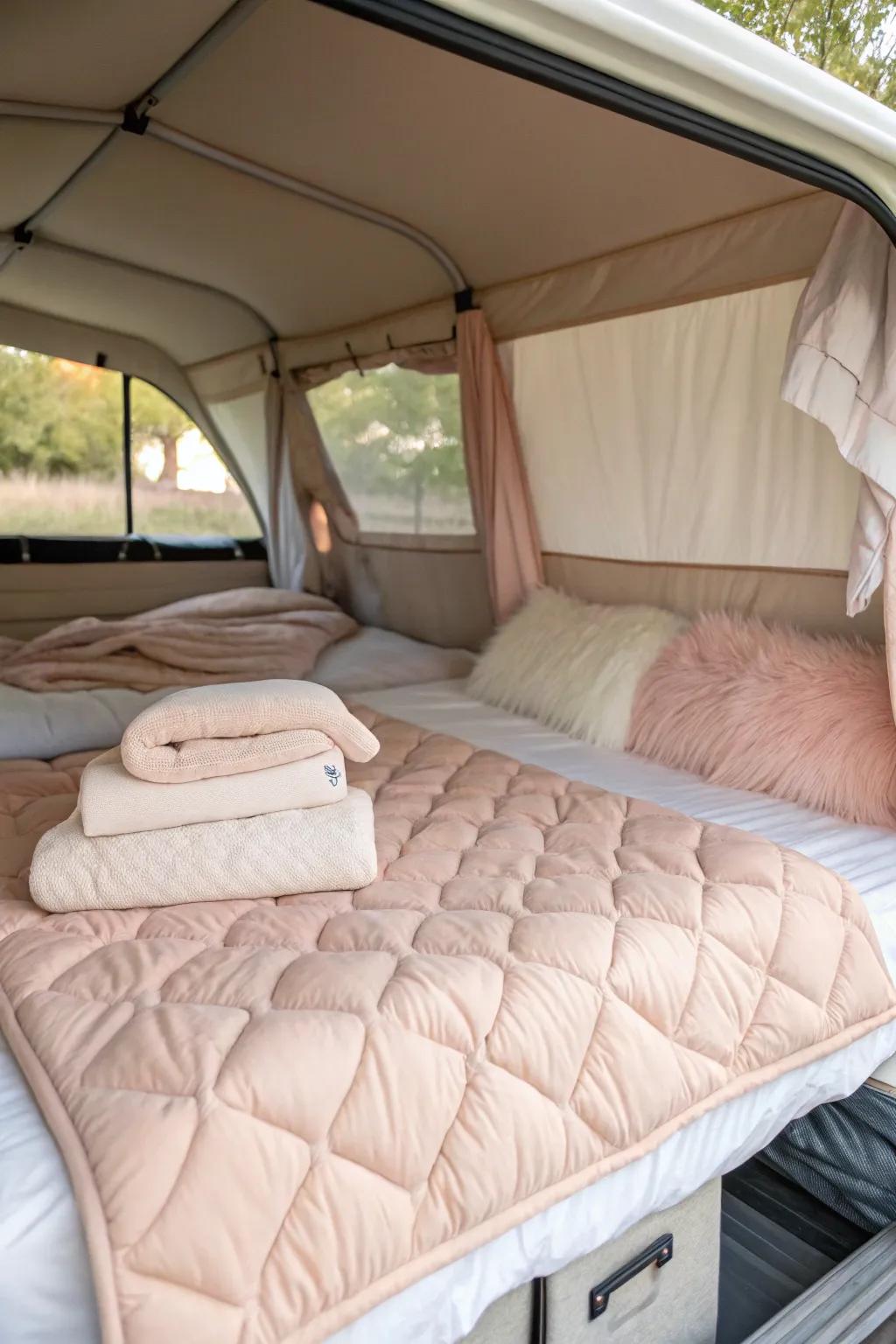 Layered bedding transforms your camper's sleeping space into a cozy retreat.