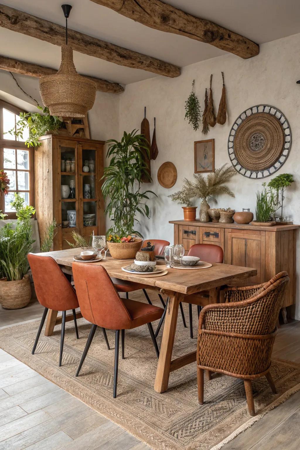 Clay hues create a warm and welcoming dining space.