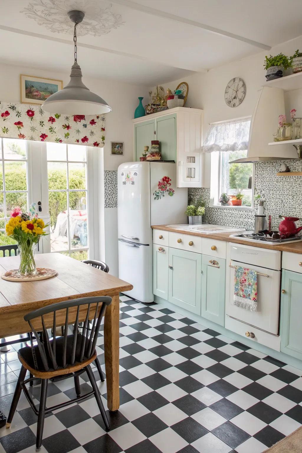 Tiled squares introduce a design element that&rsquo;s both classic and cheerfully distinctive to your kitchen.