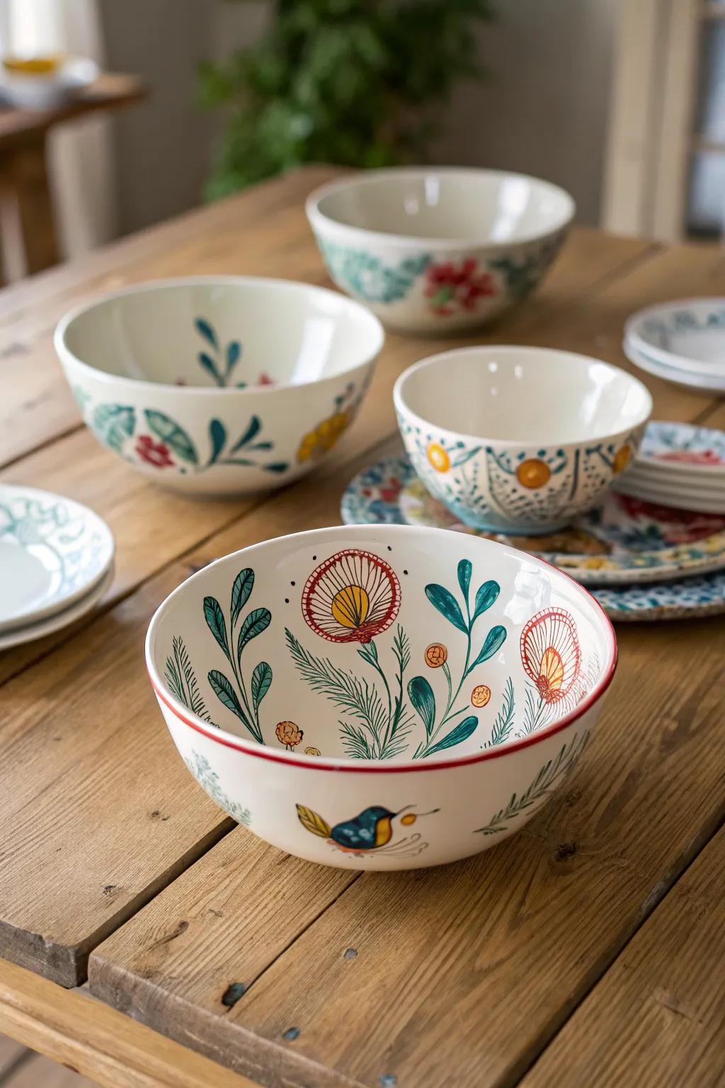 Artistic porcelain serving dishes enhance every meal.