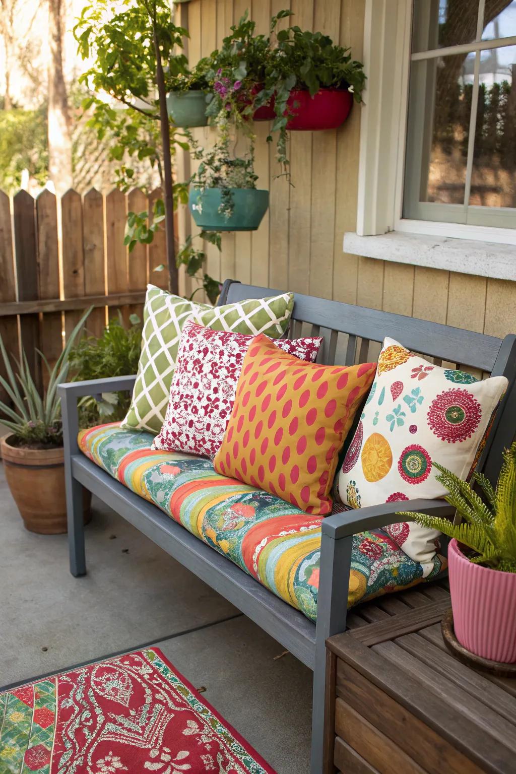 Vibrant soft furnishings breathe life into a simple porch bench.