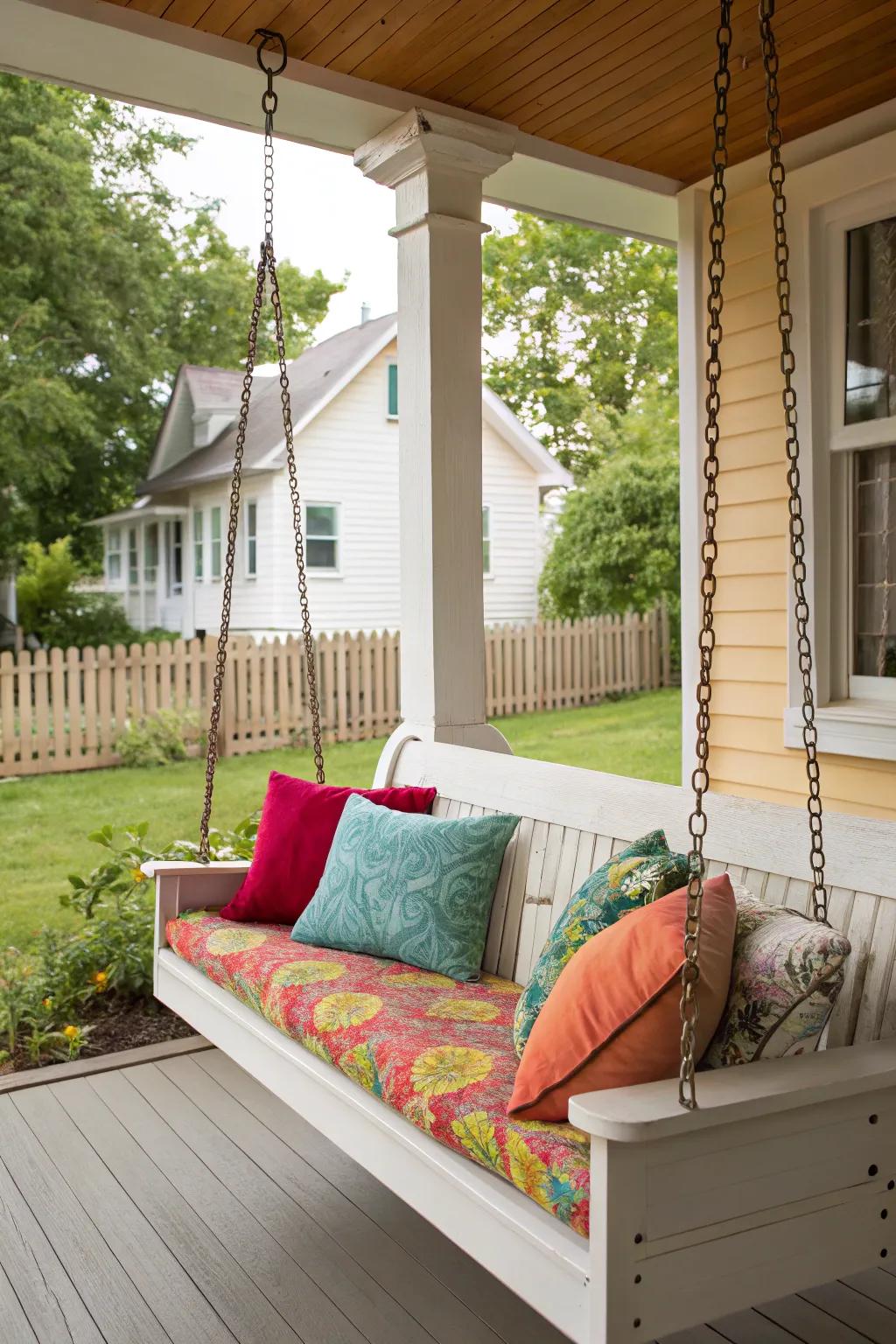 A snug seating ensemble featuring a swing and brightly colored cushions.