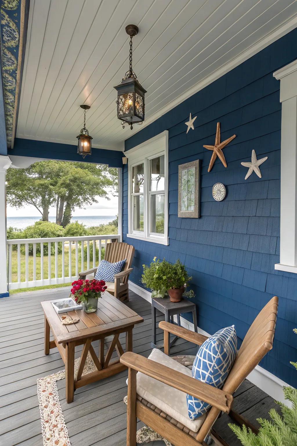 A soothing cerulean veranda that encourages relaxation and a hint of coastal magnetism.