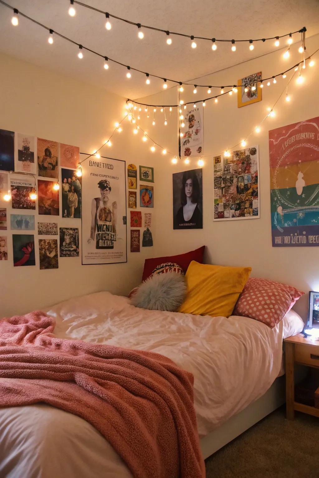 A bedroom showcasing posters illuminated by delicate string lights.