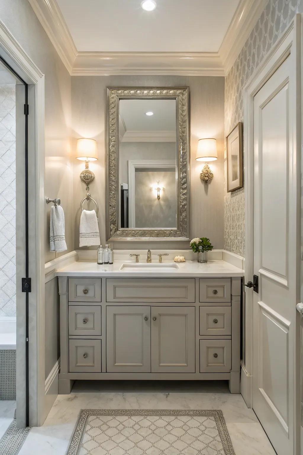 A refined powder room showcasing a relaxing neutral color scheme.