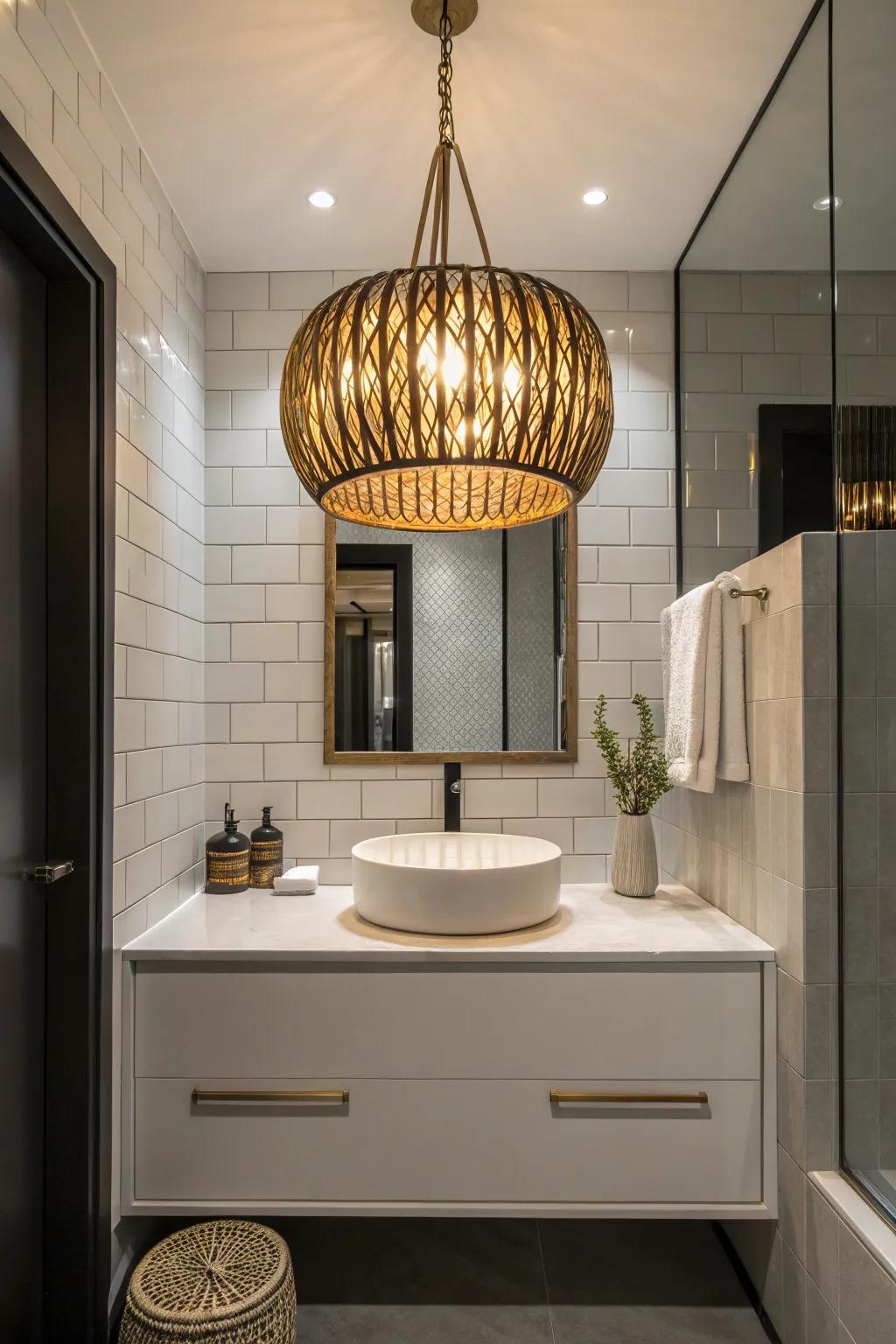 A hanging light serves as a stylish focal point in a contemporary bathroom.