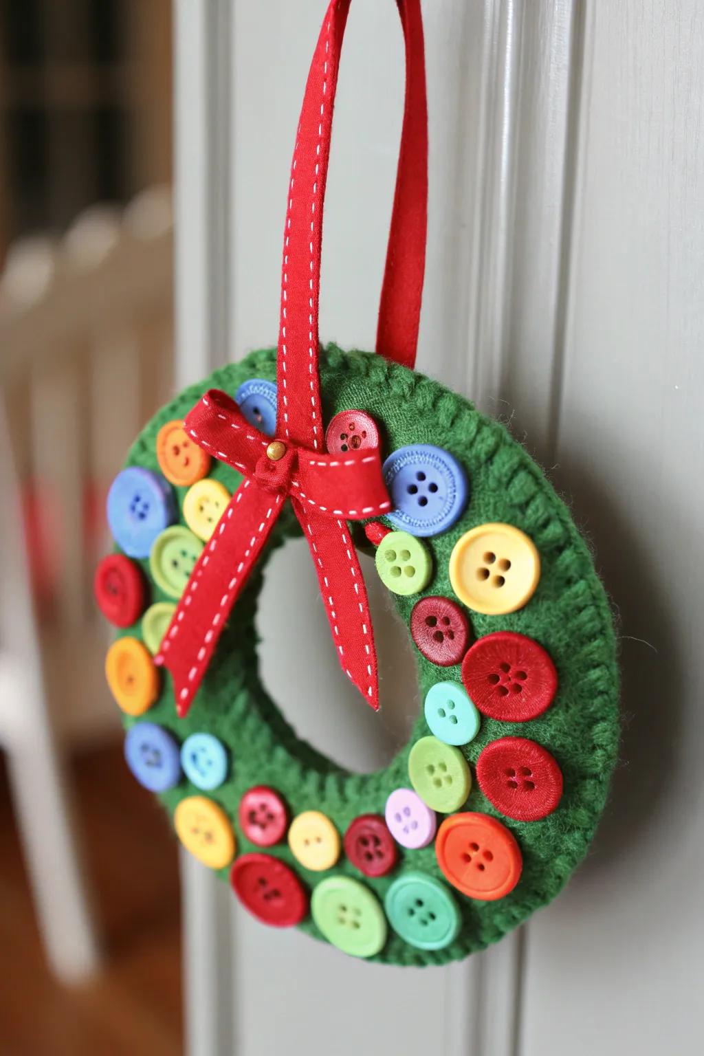A bright button wreath ornament, ideal for adding color to any Christmas tree.